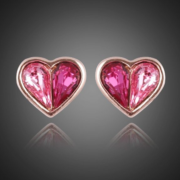 18K Gold Heart Shape with Rose Red Gemstones Stud Earrings