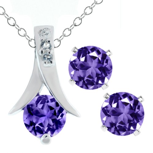 Round Purple Amethyst .925 Silver Pendant and Earrings Set 18 Chain