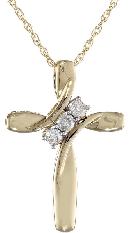 Yellow Gold Three-Diamond Cross Pendant Necklace