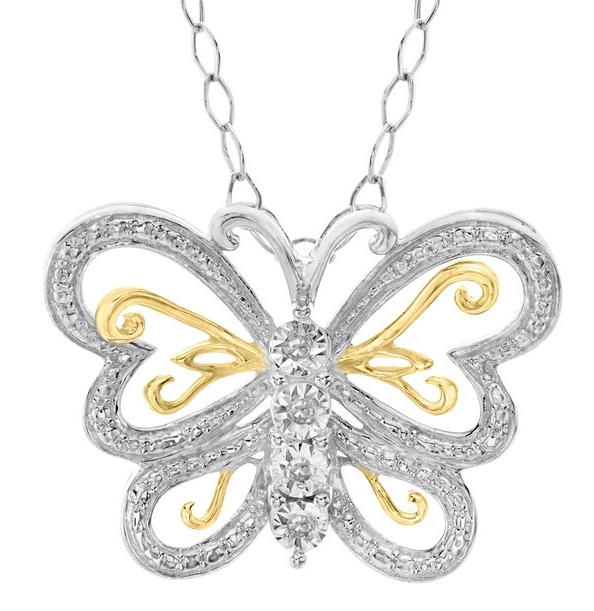 Butterfly Pendant Necklace with Diamonds in 22K Gold over Sterling Silver