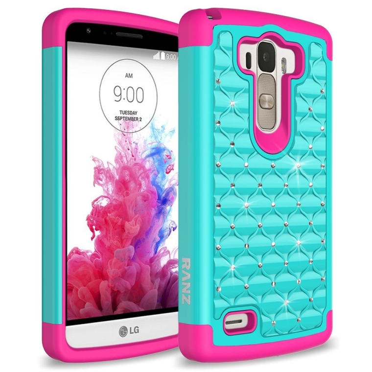 Hot PinkTeal Spot Diamond Studded Bling Crystal Rhinestone Dual Layer Hybrid Cover Silicone Rubber Skin Hard Case