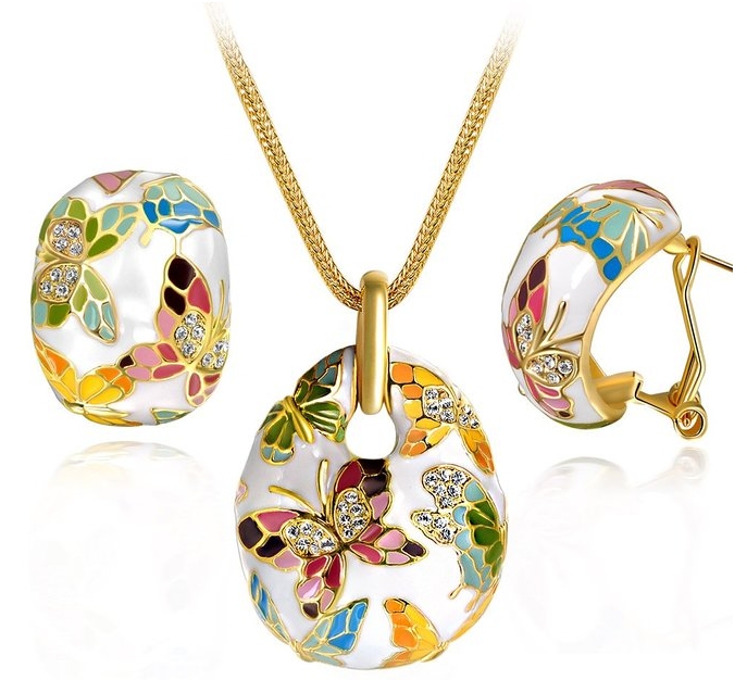 Multicolored Butterfly Women Jewelry Set Pendant Necklace Earrings With Austrian Crystal Vintage Statement Jewelry