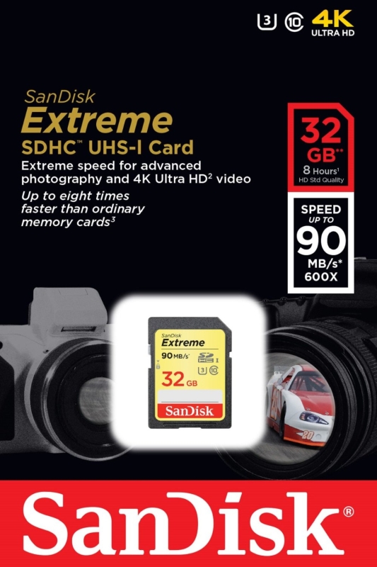 SanDisk Extreme SDHC UHS-IU3 32GB Memory Card Up To 90MBs Read