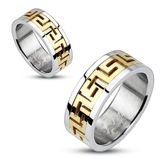 Stainless Steel Gold IP Maze Pattern Center Band Ring