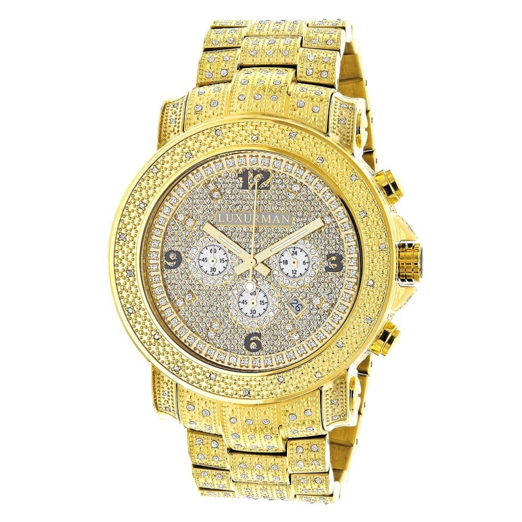Luxurman Oversized Iced Out Mens Diamond Watch Yellow Gold Plated Escalade 2ct