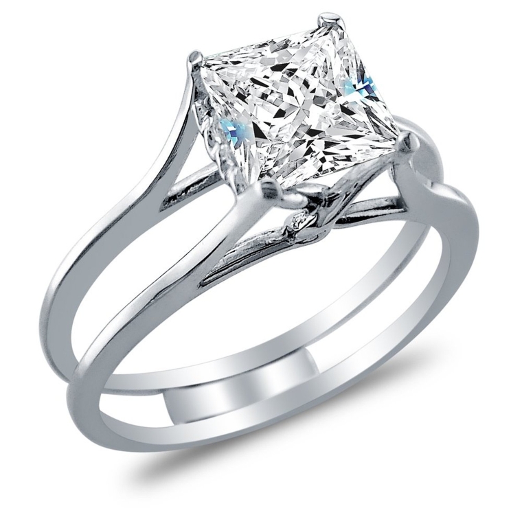 Solid 14k White Gold Bridal Set Princess Cut Solitaire Engagement Ring